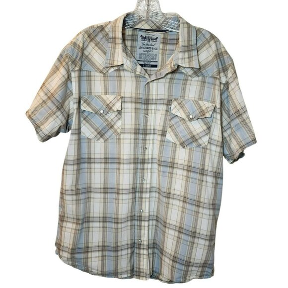 Levi’s XL Western Plaid Pearl Snap Short Sleeve Shirt Blue Tan Pre-owned - Picture 2 of 7